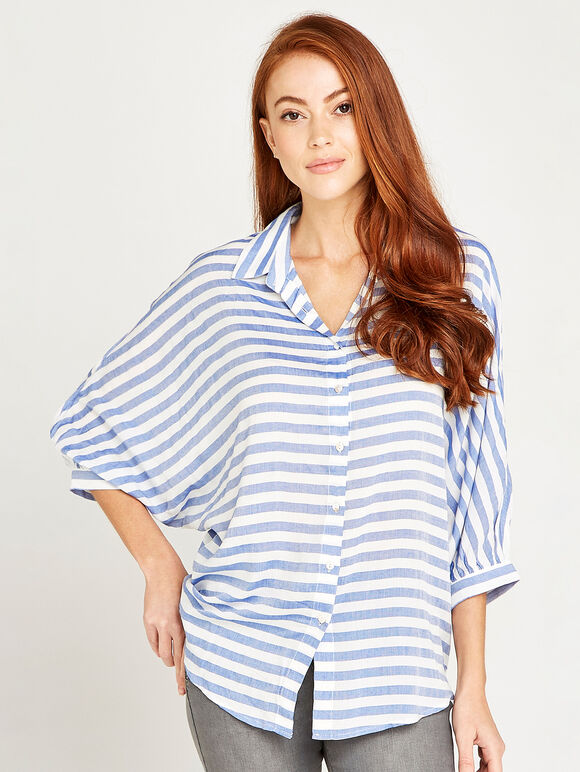 Stripe Batwing Oversized Shirt, Blue, large