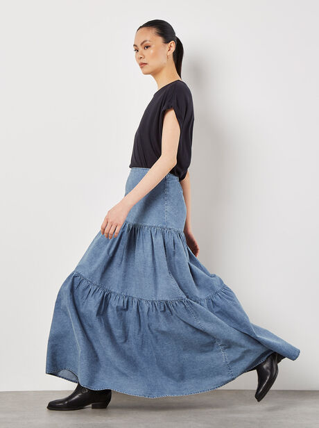 Cotton Denim Tiered Maxi Skirt