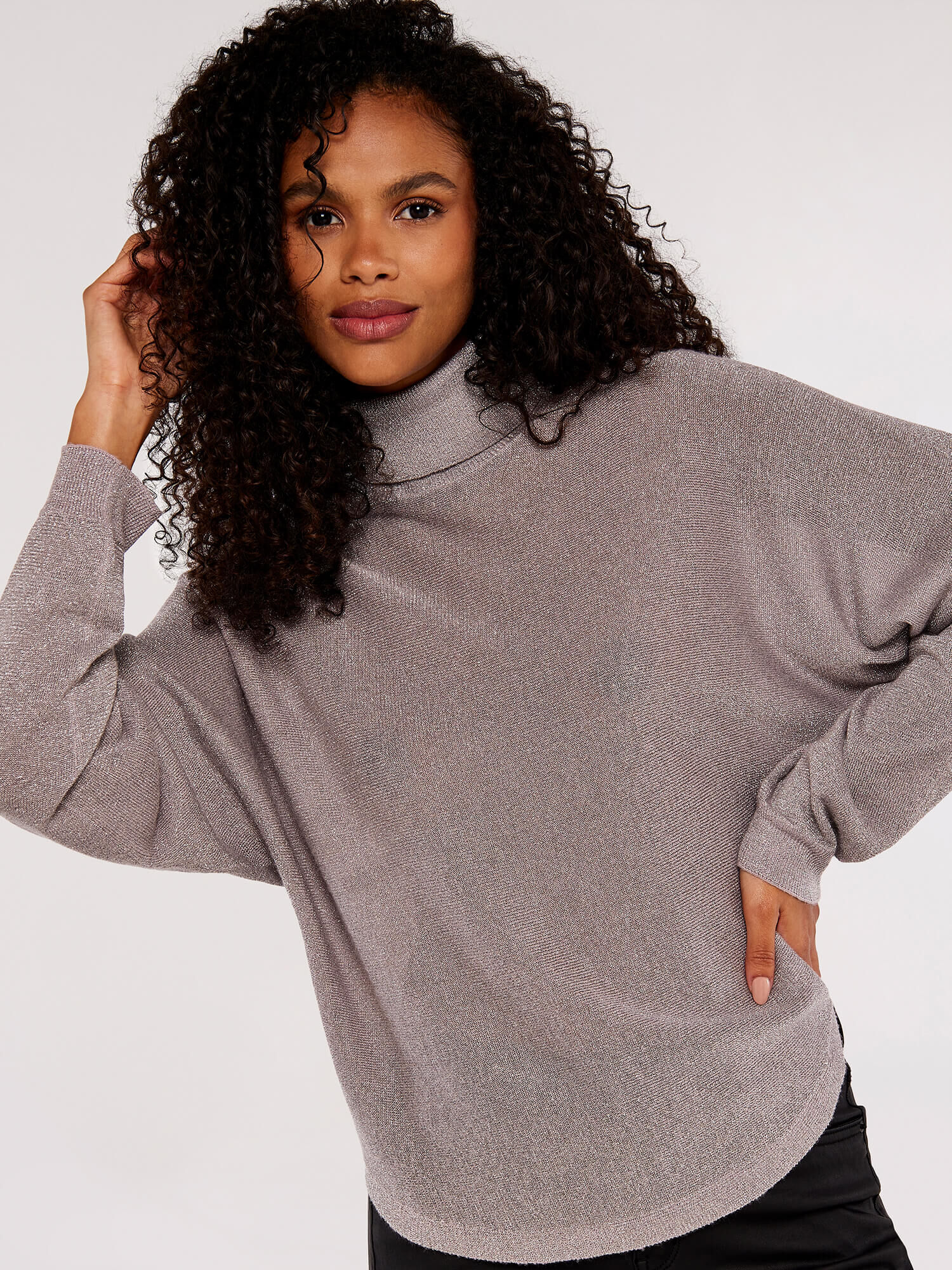 Sparkle Roll Neck Batwing Jumper Apricot Clothing