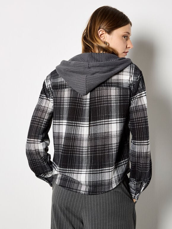 Textured Hooded Check Shirt, Grey, large