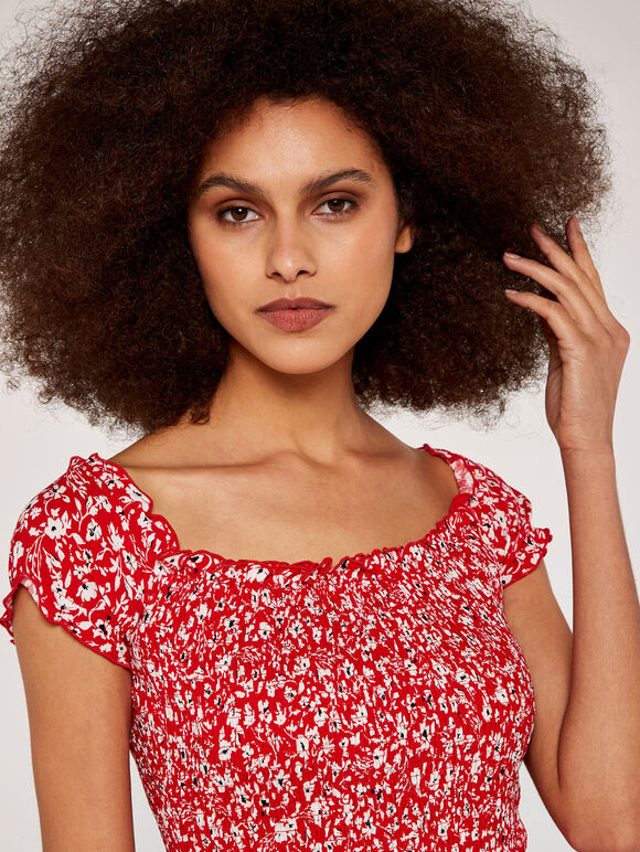 Floral Shirred Split Dress, Red, large