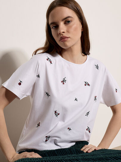 Floral Embroidered Cotton T-Shirt