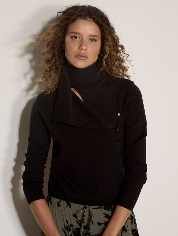 Ribbed Knit Asymmetric Cardigan, Black, large