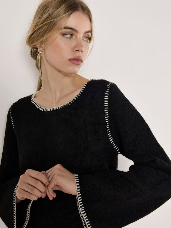Blanket Stitch Knitted Swing Mini Dress, Black, large