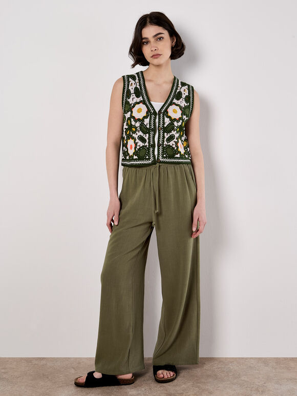 Linen Blend Wide Leg Trousers, Khaki, large
