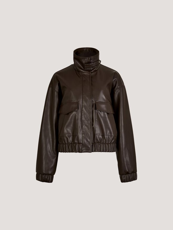 Faux Leather Bomber Jacket, Brown, large