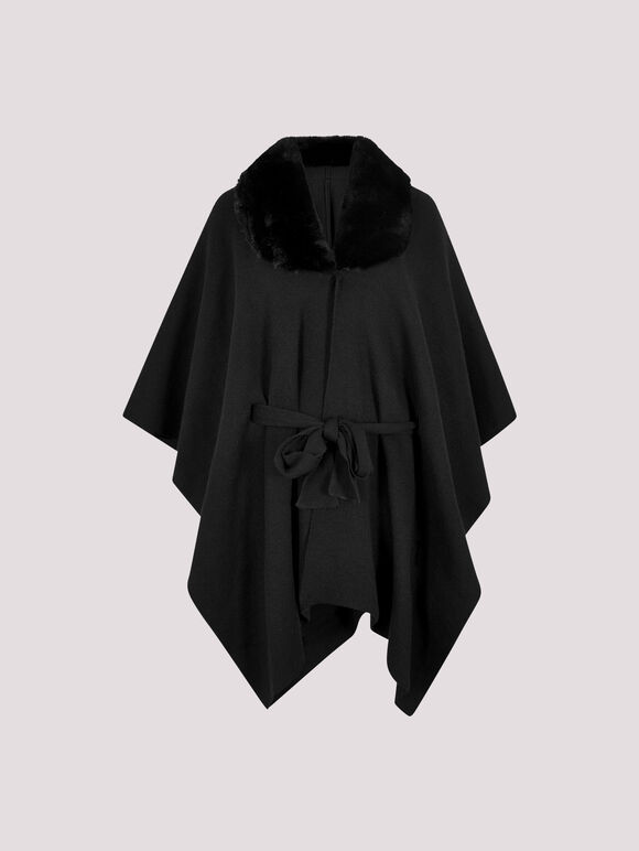 Faux Fur Collar Poncho, Black, large