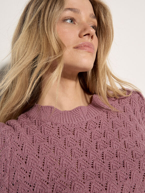Scallop Pointelle Knit Jumper, Pink, large