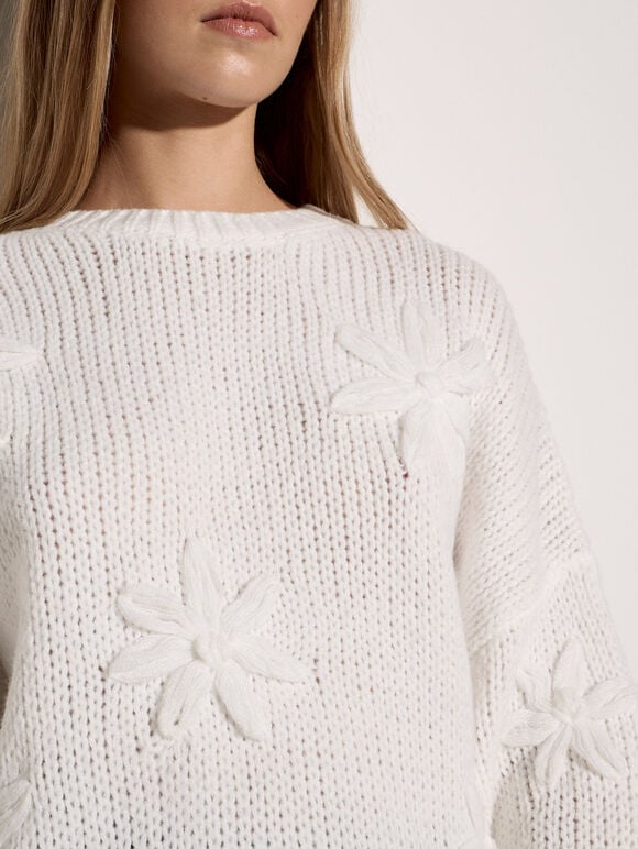 Daisy Applique Chunky Knit Jumper, White, large