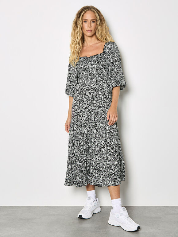 Ditsy Floral Smocked Midi Dress, Green, large