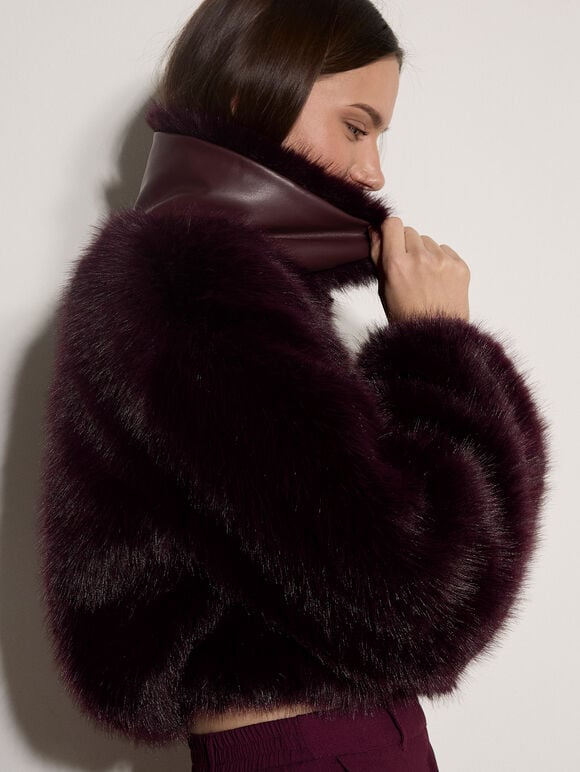 Luxe Faux Fur Short Jacket, Burgundy, large