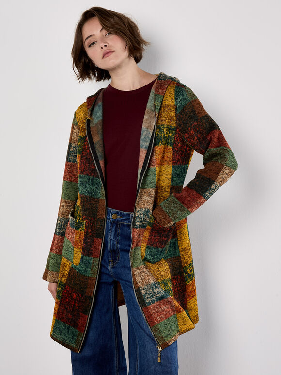 Colourful Check Hooded Coatigan, Rust, large