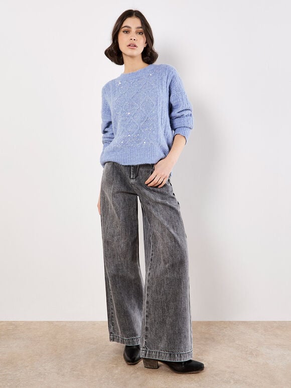 Iridescent Sequin Cable Knit Jumper, Blue, large
