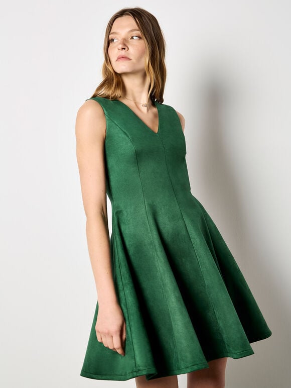 Suedette Skater Dress, Green, large
