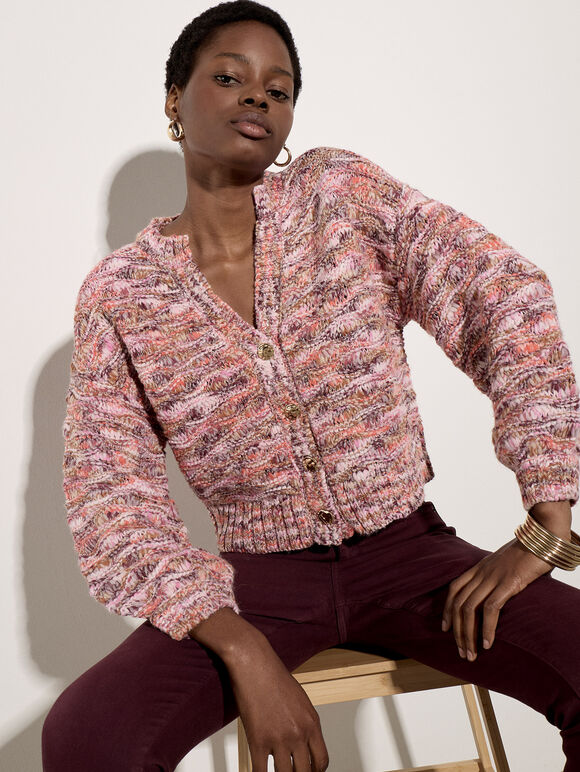Tonal Shimmer Chunky Knit Cardigan, Orange, large