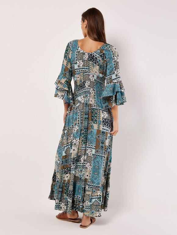 Robe Maxi à Imprimé Écharpe Patchwork, Bleu, grand