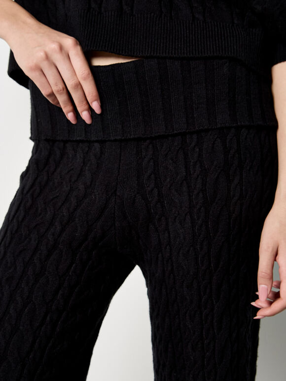 Twisted Cable Knit Wide Leg Trousers, Black, large