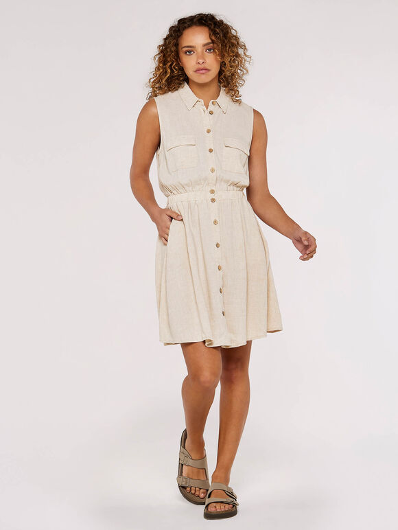 Sleeveless Shirt Mini Dress, Stone, large