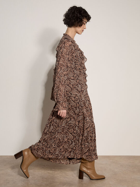 Paisley Chiffon Ruffle Blouse, Brown, large