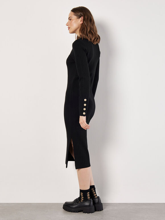 Ribbed Knit Gold Button Midi Dress, Black, large
