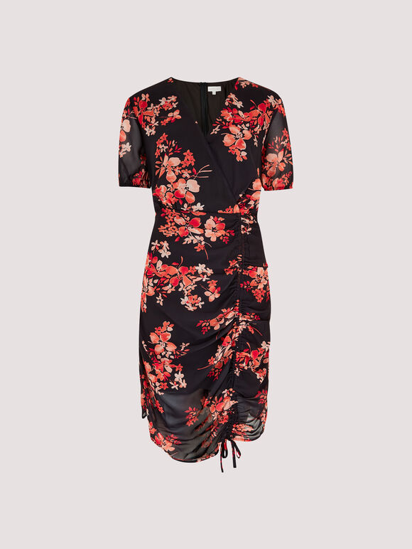 Floral Ruched Front Dress, Black, large
