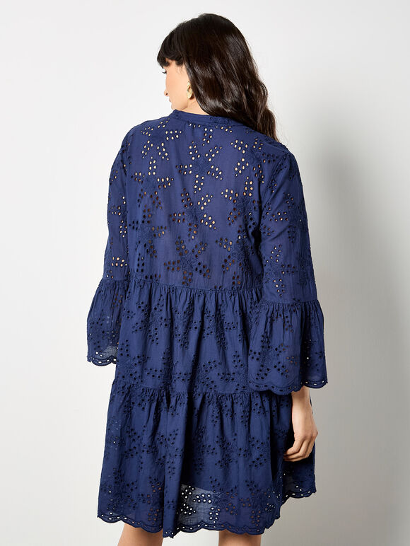 Broderie Anglaise Tiered Mini Dress, Navy, large