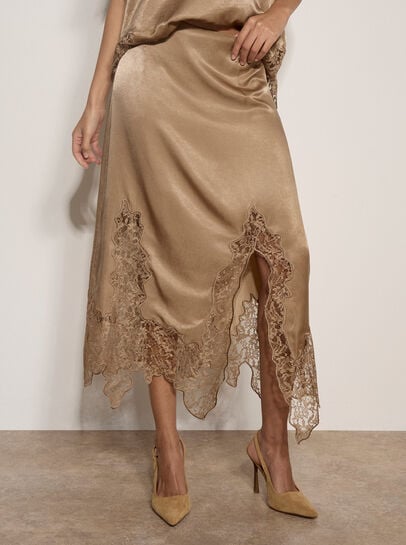 Lace Hem Satin Midi Skirt