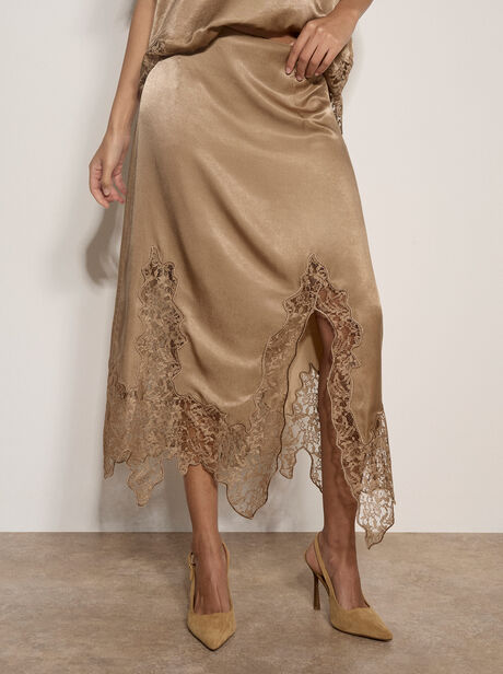 Lace Hem Satin Midi Skirt