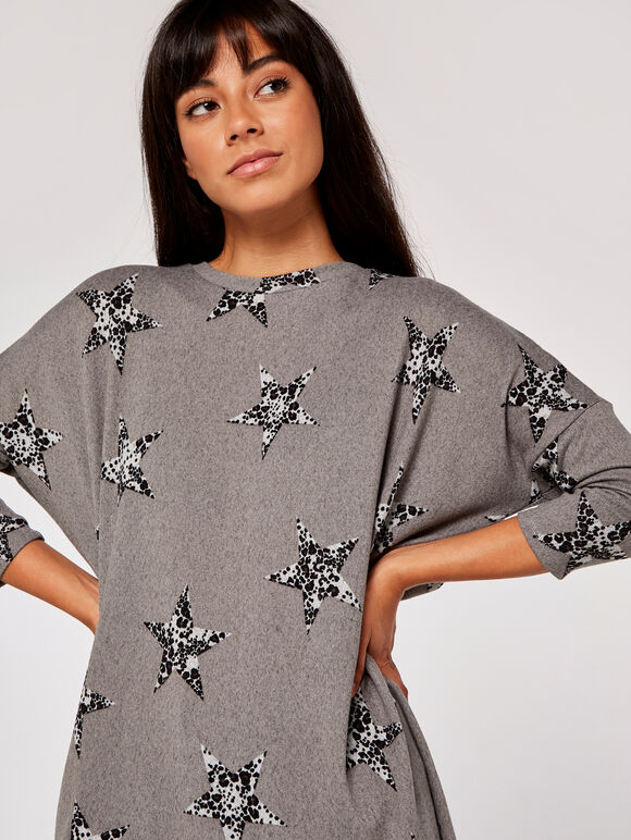 Leopard Star Print Curve Hem Top, Grey, large