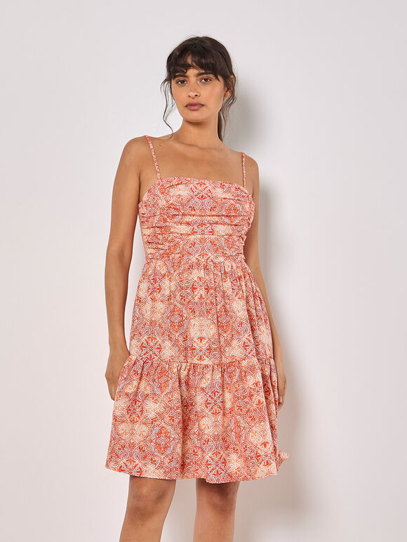 Batik Tile Print Cami Mini Dress, Orange, large