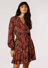 Paisley Print Ruffle Mini Dress, Rust, large