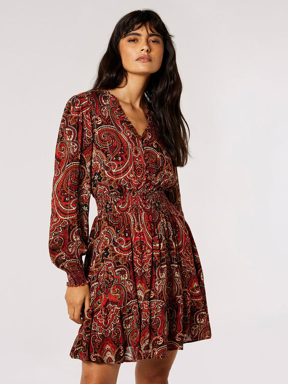 Paisley Print Ruffle Mini Dress, Rust, large