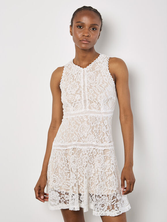 Lace Skater Mini Dress, White, large
