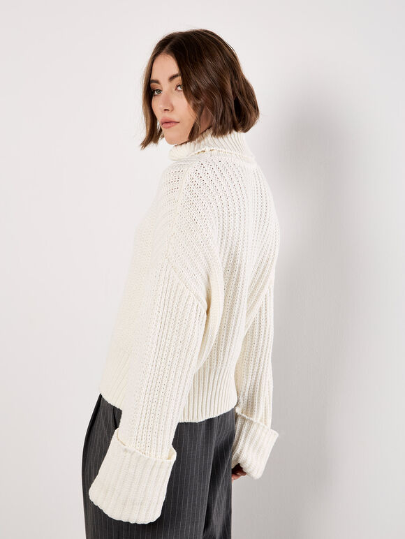 Chunky Knit Roll Neck Jumper, Cream, large