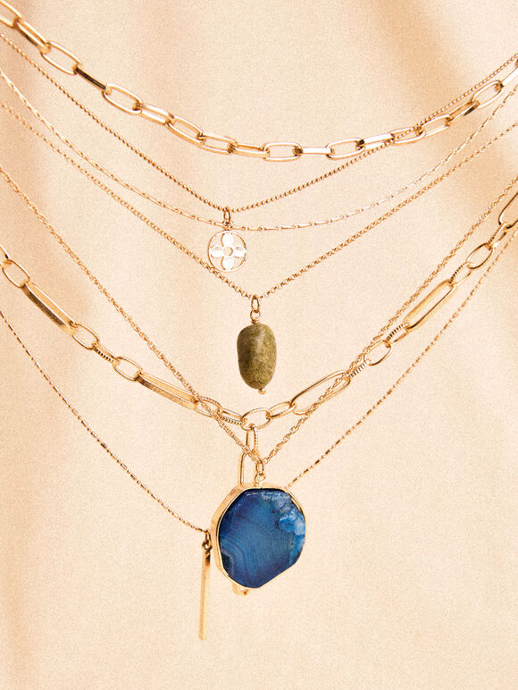 Gold Tone Layered Pendant Necklace, Blue, large