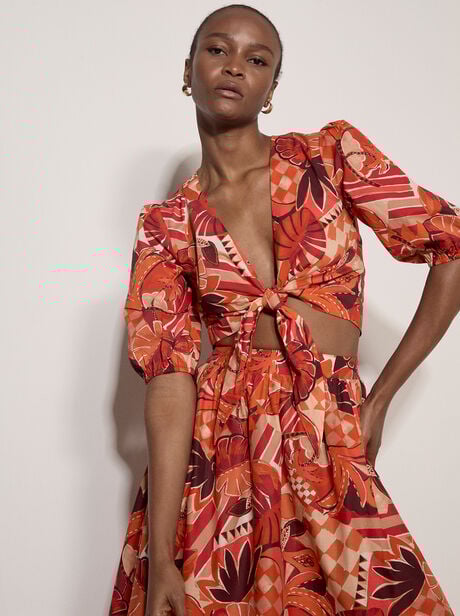 Tropical Leaf Patchwork Tie Front Top