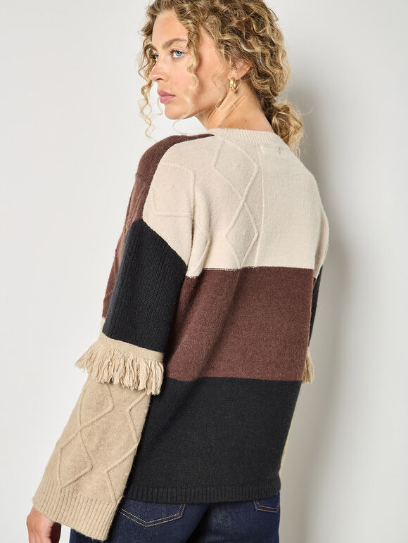 Mixed Cable Knit Patchwork Jumper, Brown, large
