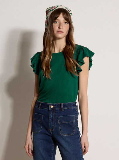 Soft Slub Ruffle Sleeve T-Shirt