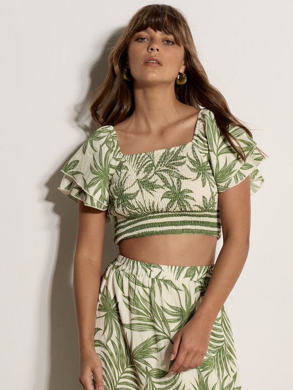Palm Print Crop Top, Cream, large
