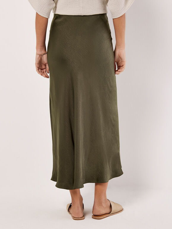 Satin Bias Midi Skirt, Khaki, large