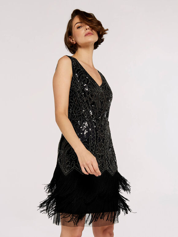 Sequin Bead Tassel Dress, Black, large