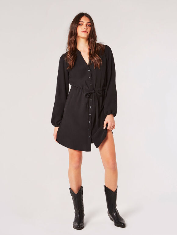 Twill Shirt Mini Dress, Black, large