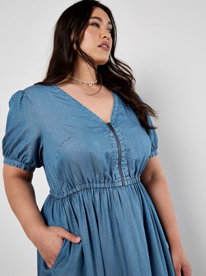Denim Zip Tiered Midi Dress
