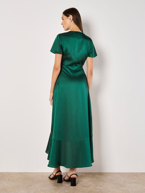 Satin Ruffle Wrap Maxi Dress, Green, large
