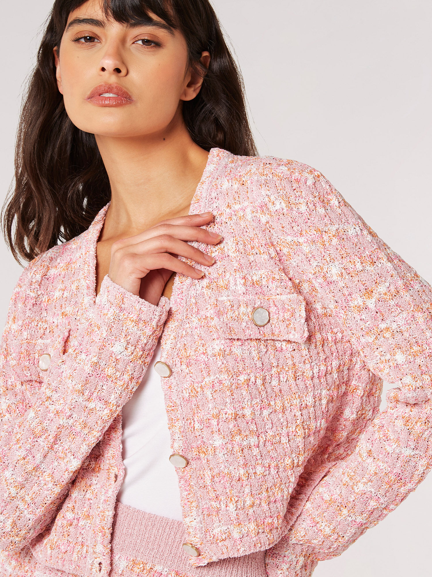 Multi Coloured Marl Knit Cardigan Apricot Clothing