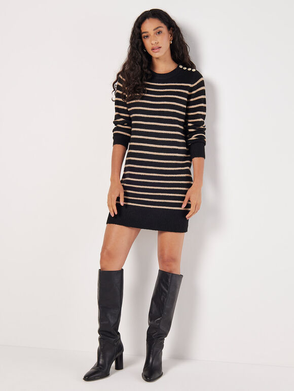 Striped Knitted Dress, Black, large