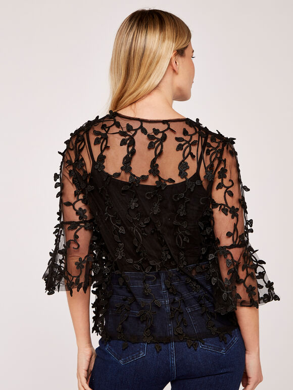 Lace Applique Mesh Top, Black, large