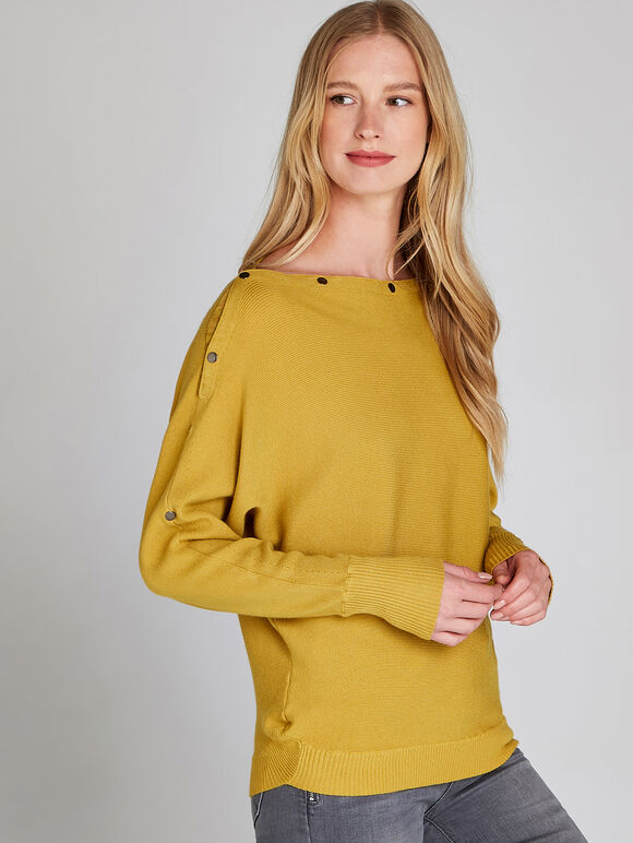 Slash Neck Popper Jumper, Mustard, large