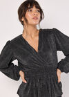 Metallic Spot Plisse Peplum Wrap Top, Black, large