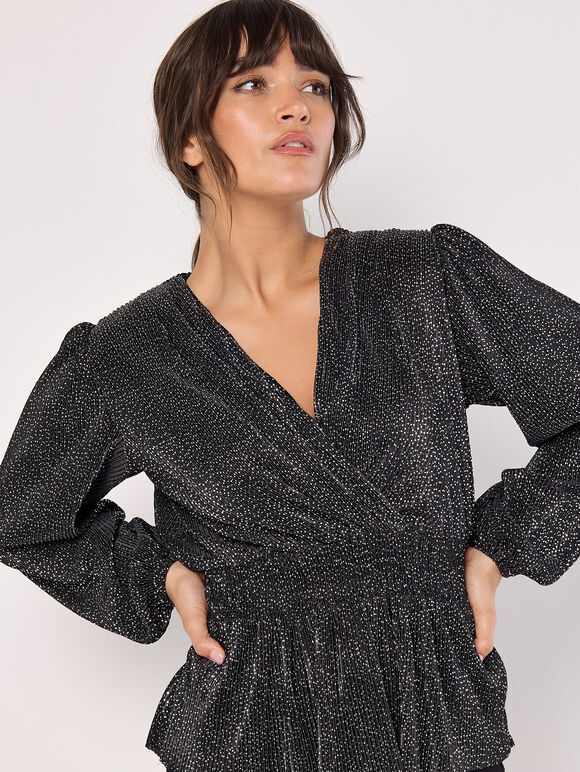 Metallic Spot Plisse Peplum Wrap Top, Black, large
